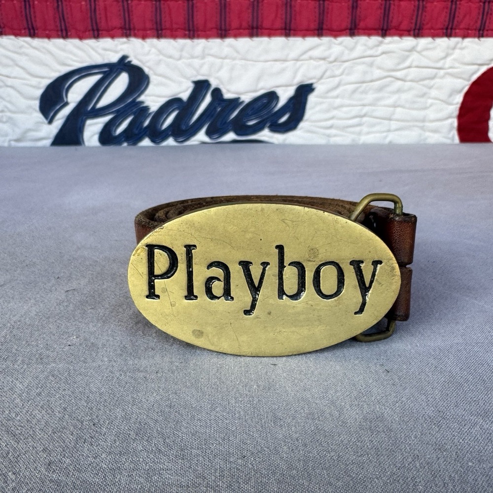 Vintage Oval Playboy Solid Brass Belt Buckle With Belt Size 32